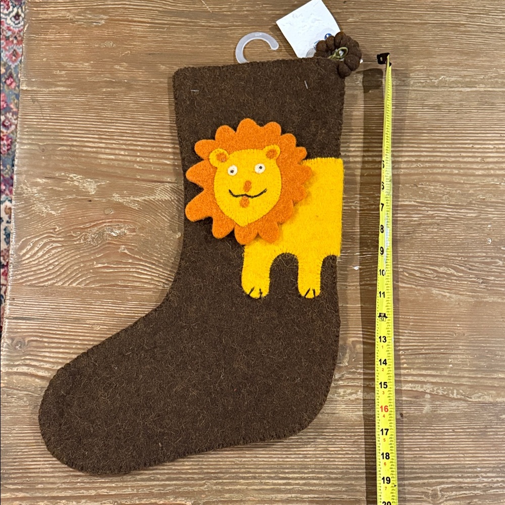 Arcadia Home hand felted wool Festive Brown Stocking with Yellow Lion